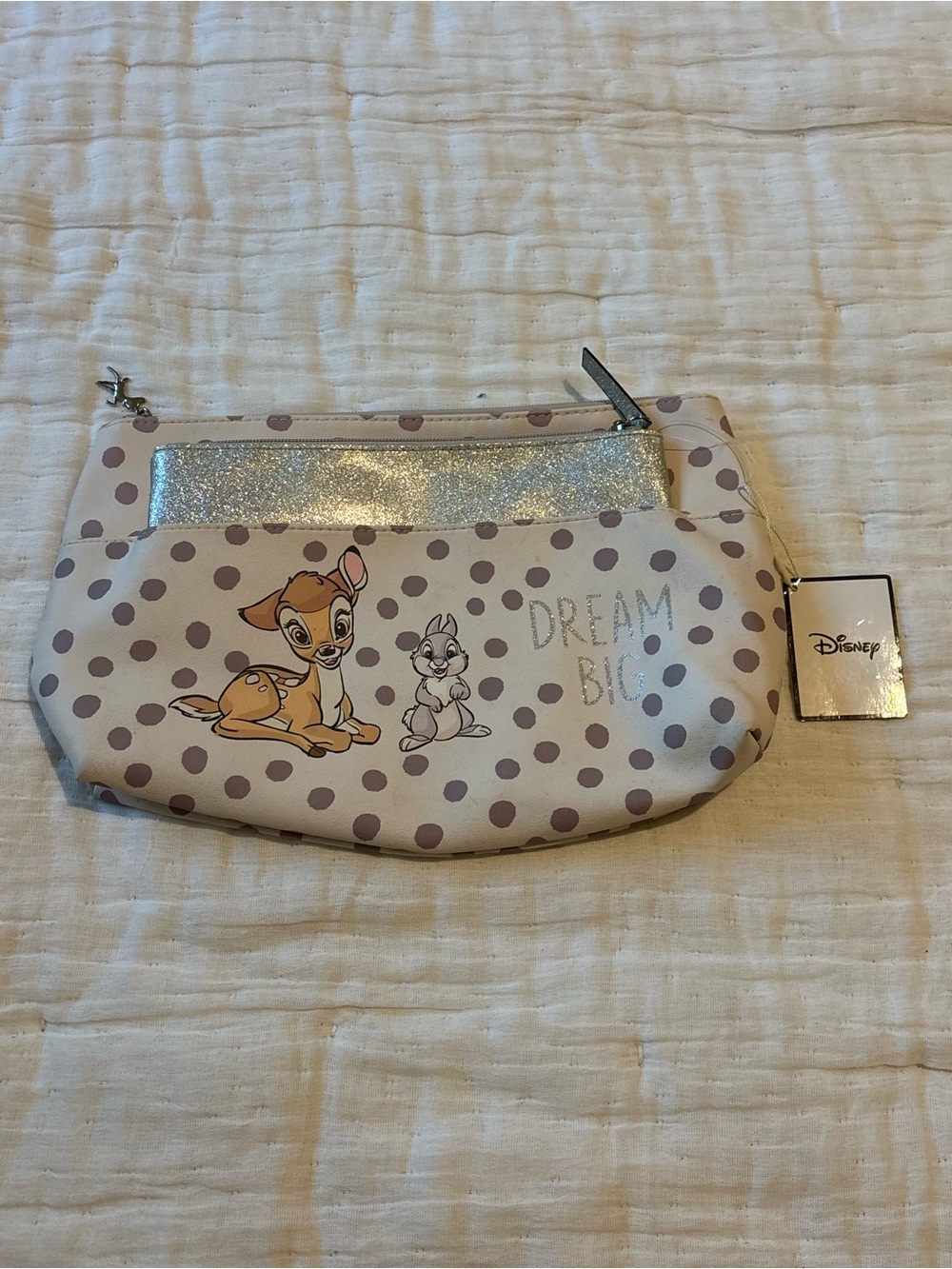 Vintage Disney Bambi 'Dream Big' Polka Dot Cosmetic Pouch - Crème& Purple
